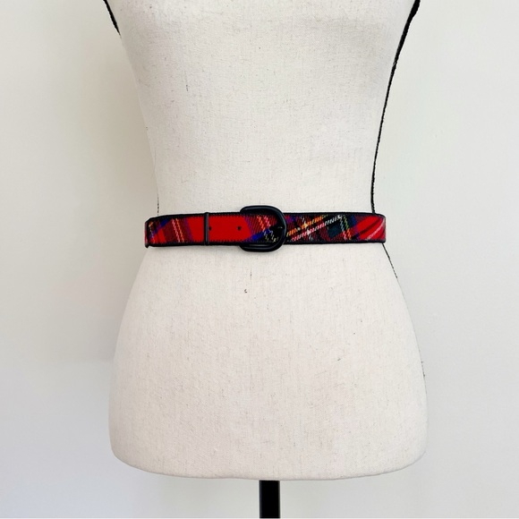 SOLD :: Vintage 80s Wool and Leather Plaid Belt - Picture 5 of 9